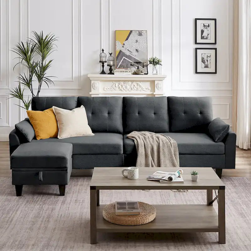 Modulares Ecksofa L-förmig mit Chaiselongue, Stauraum-Ottomane und Seitentaschen für das Wohnzimmer