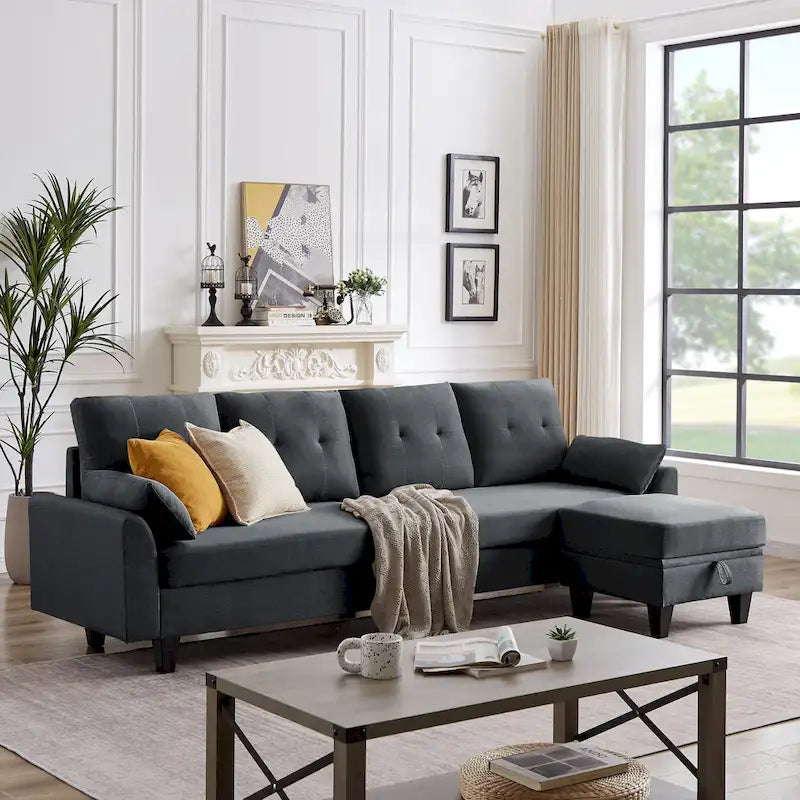 Modulares Ecksofa L-förmig mit Chaiselongue, Stauraum-Ottomane und Seitentaschen für das Wohnzimmer