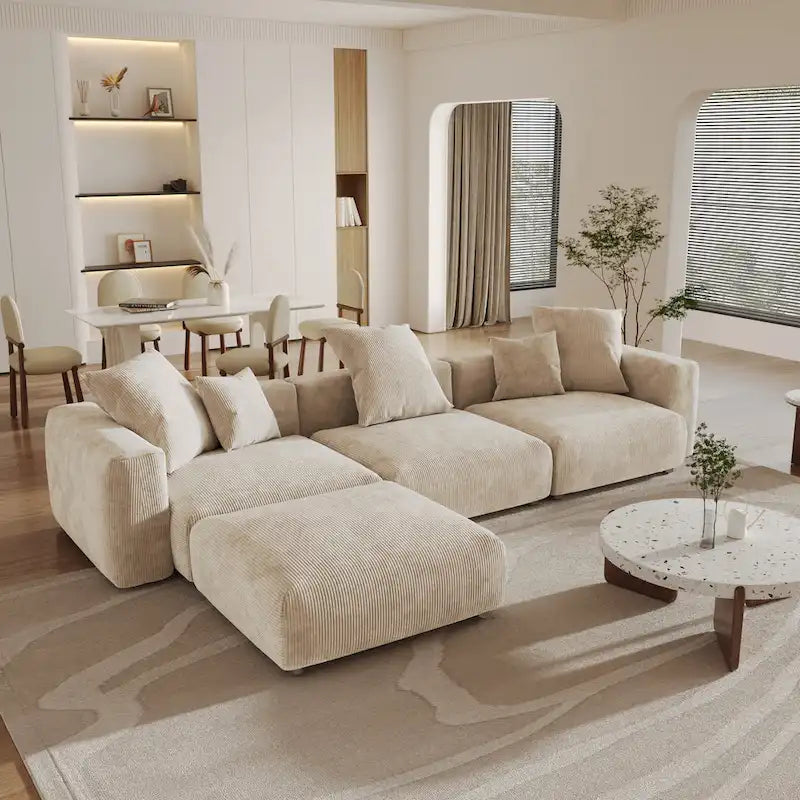 141,73  Cord-Sofa, groß, umkehrbar, modular, L-Form mit Ottomane und Kissen