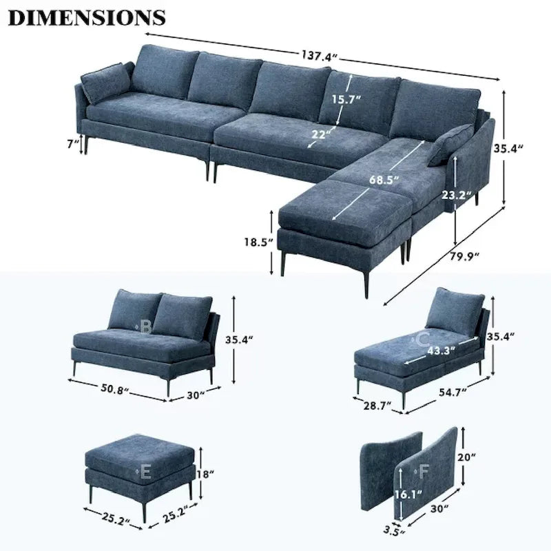 EROMMY U-förmiges Sectional Sofa für 6 Personen, umwandelbares Schlafsofa im modernen Chenille-Design, mit Récamiere und Ottomane