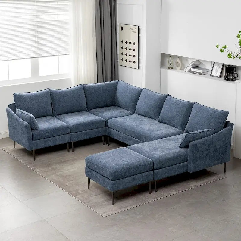 EROMMY U-förmiges Sectional Sofa für 6 Personen, umwandelbares Schlafsofa im modernen Chenille-Design, mit Récamiere und Ottomane