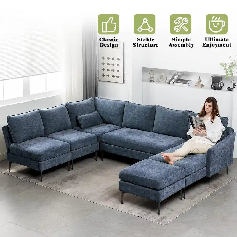 EROMMY U-förmiges Sectional Sofa für 6 Personen, umwandelbares Schlafsofa im modernen Chenille-Design, mit Récamiere und Ottomane