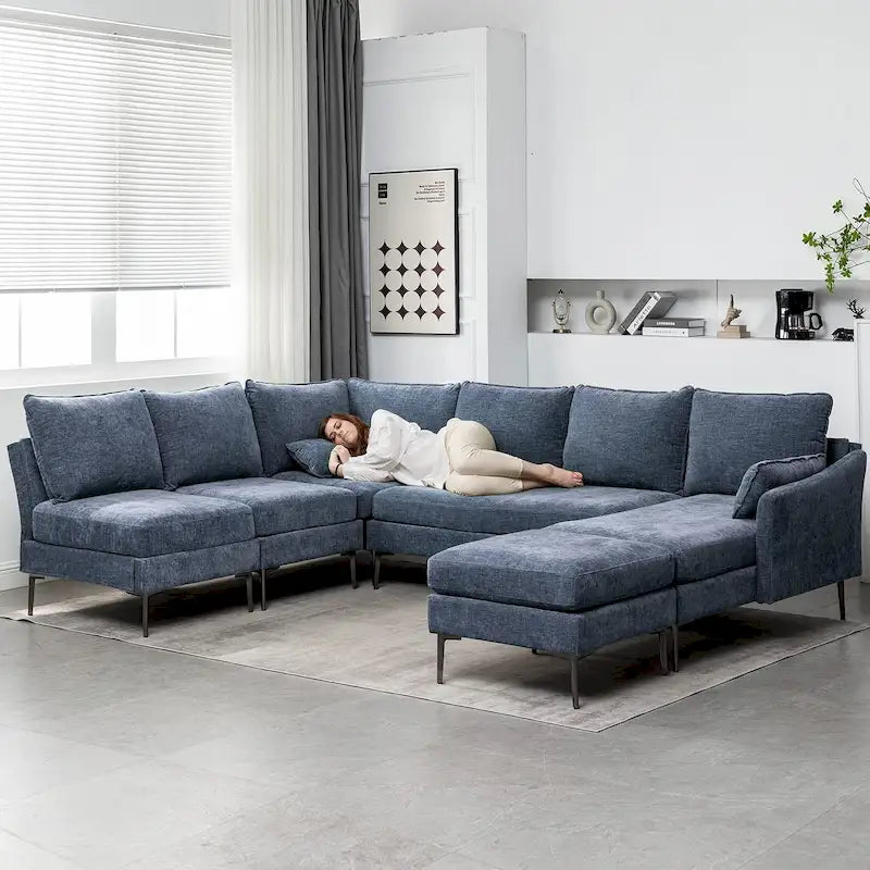 EROMMY U-förmiges Sectional Sofa für 6 Personen, umwandelbares Schlafsofa im modernen Chenille-Design, mit Récamiere und Ottomane