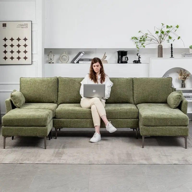 EROMMY U-förmiges Sectional Sofa für 6 Personen, umwandelbares Schlafsofa im modernen Chenille-Design, mit Récamiere und Ottomane