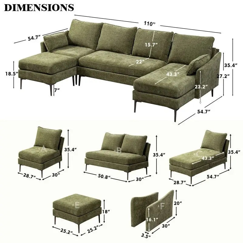 EROMMY U-förmiges Sectional Sofa für 6 Personen, umwandelbares Schlafsofa im modernen Chenille-Design, mit Récamiere und Ottomane