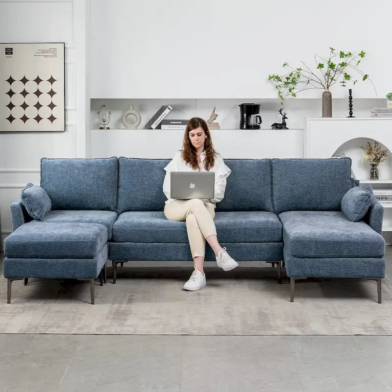 EROMMY U-förmiges Sectional Sofa für 6 Personen, umwandelbares Schlafsofa im modernen Chenille-Design, mit Récamiere und Ottomane