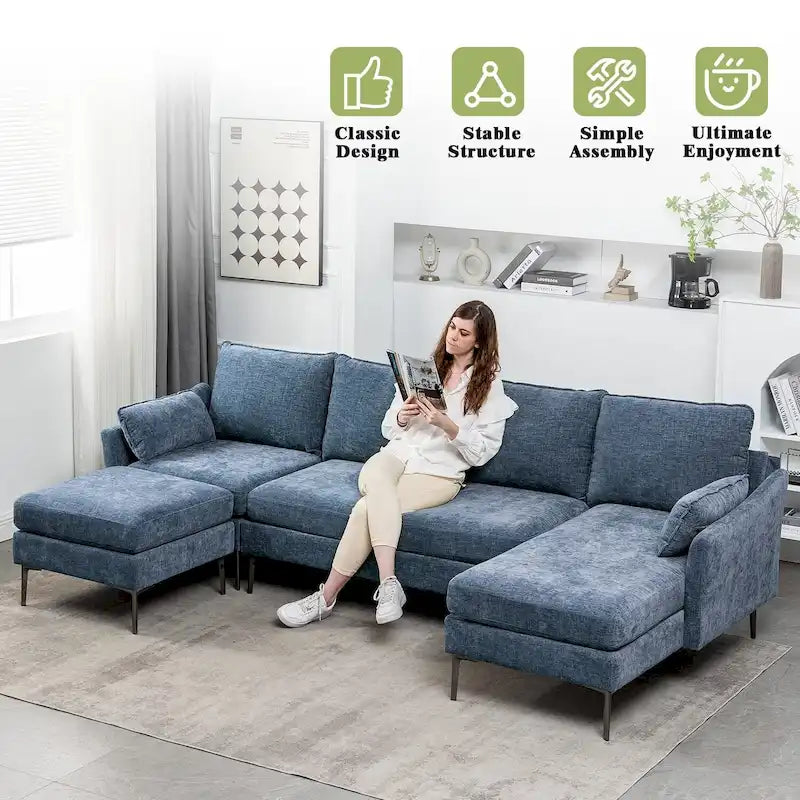 EROMMY U-förmiges Sectional Sofa für 6 Personen, umwandelbares Schlafsofa im modernen Chenille-Design, mit Récamiere und Ottomane