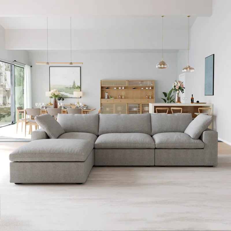 L-förmiges Leinen-Ecksofa Polstersofa mit mehreren Kissen und Stauraum-Ottomane