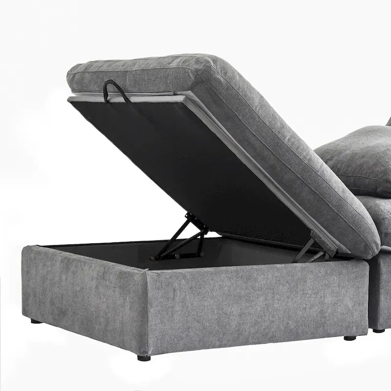 L-förmiges Leinen-Ecksofa Polstersofa mit mehreren Kissen und Stauraum-Ottomane