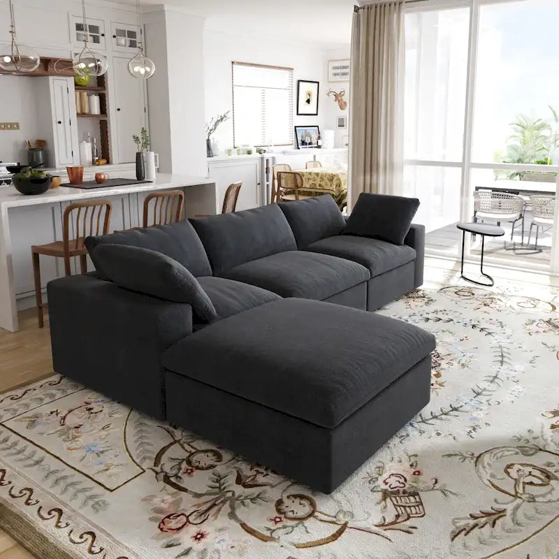 L-förmiges Leinen-Ecksofa Polstersofa mit mehreren Kissen und Stauraum-Ottomane