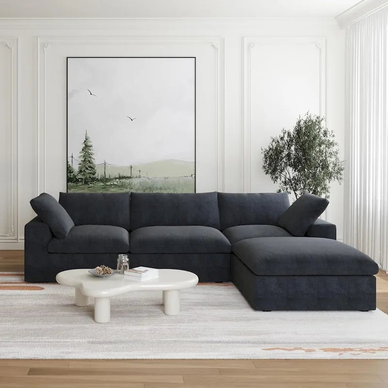 L-förmiges Leinen-Ecksofa Polstersofa mit mehreren Kissen und Stauraum-Ottomane