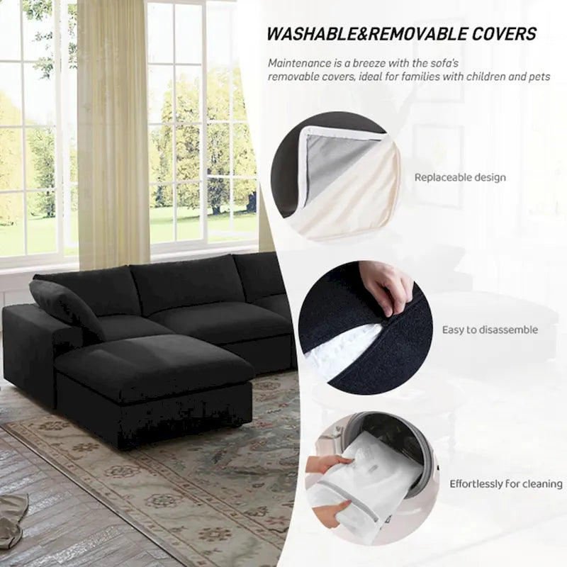L-förmiges Leinen-Ecksofa Polstersofa mit mehreren Kissen und Stauraum-Ottomane