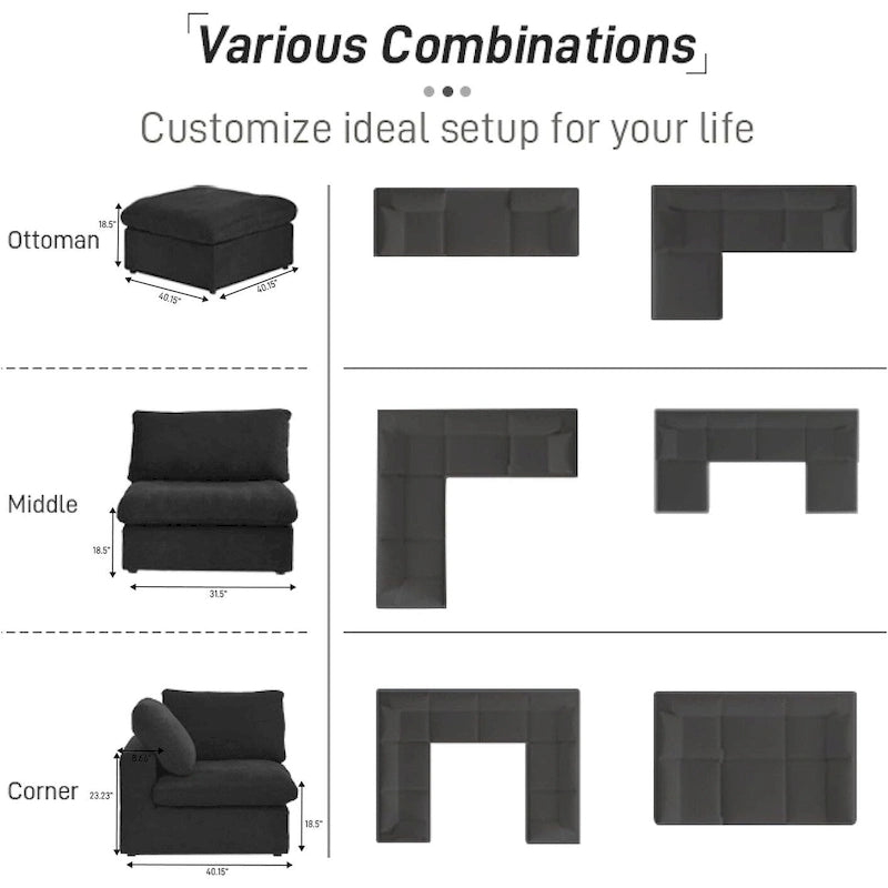 L-förmiges Leinen-Ecksofa Polstersofa mit mehreren Kissen und Stauraum-Ottomane