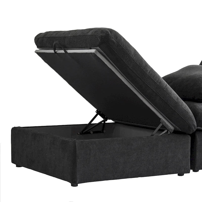 L-förmiges Leinen-Ecksofa Polstersofa mit mehreren Kissen und Stauraum-Ottomane