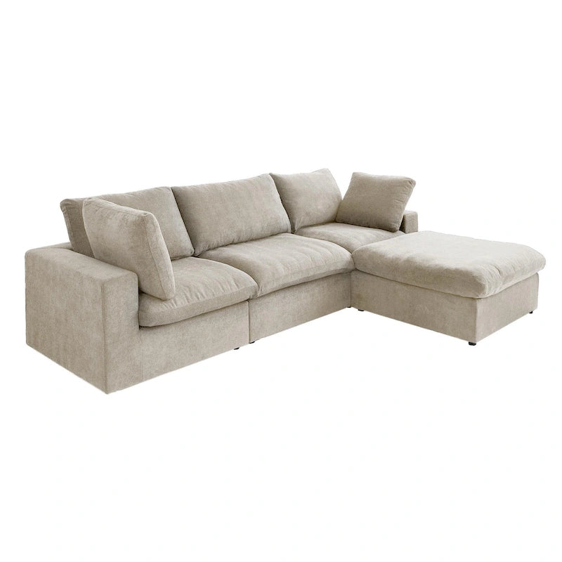 L-förmiges Leinen-Ecksofa Polstersofa mit mehreren Kissen und Stauraum-Ottomane
