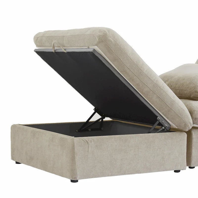 L-förmiges Leinen-Ecksofa Polstersofa mit mehreren Kissen und Stauraum-Ottomane
