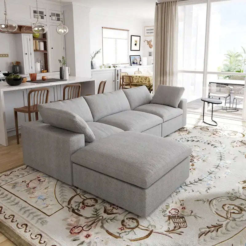 L-förmiges Leinen-Ecksofa Polstersofa mit mehreren Kissen und Stauraum-Ottomane