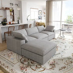 L-förmiges Leinen-Ecksofa Polstersofa mit mehreren Kissen und Stauraum-Ottomane