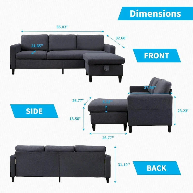 Mixoy umwandelbares L-förmiges 3-Sitzer-Sofa mit Stauraum-Ottomane, umlegbare Récamiere – 218 cm x 71 cm x 78 cm