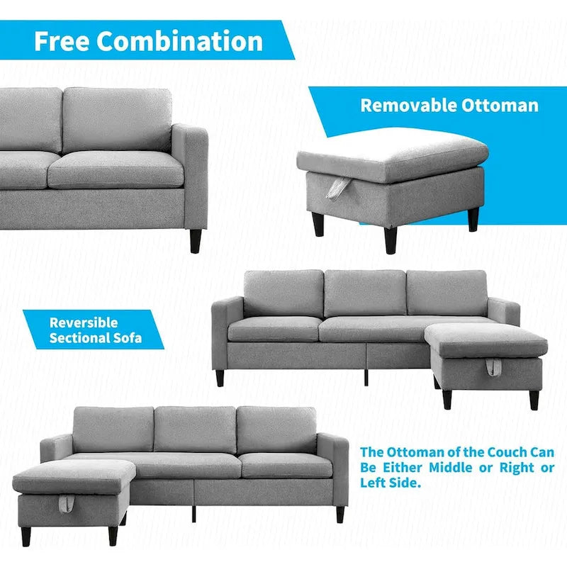 Mixoy umwandelbares L-förmiges 3-Sitzer-Sofa mit Stauraum-Ottomane, umlegbare Récamiere – 218 cm x 71 cm x 78 cm