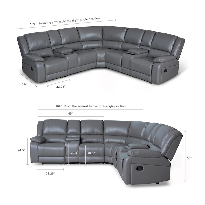 108 W Moderne, zeitgenössische 7-teilige Sektionssofa-Garnitur aus Kunstleder mit Relaxfunktion