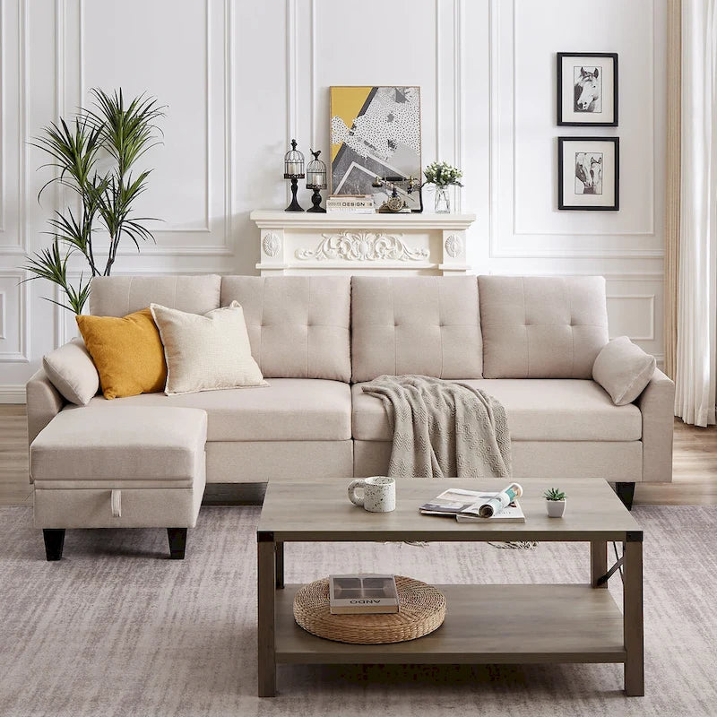 Modernes Sektionalsofa L-förmig mit Chaiselongue, Stauraum-Ottomane und Seitentaschen für das Wohnzimmer