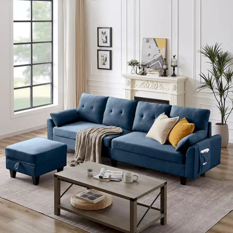 Modernes Sektionalsofa L-förmig mit Chaiselongue, Stauraum-Ottomane und Seitentaschen für das Wohnzimmer