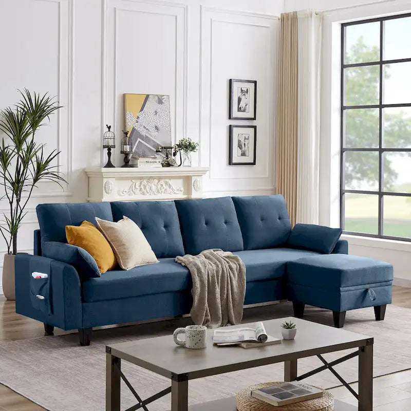 Modernes Sektionalsofa L-förmig mit Chaiselongue, Stauraum-Ottomane und Seitentaschen für das Wohnzimmer