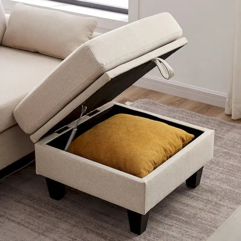Modernes Sektionalsofa L-förmig mit Chaiselongue, Stauraum-Ottomane und Seitentaschen für das Wohnzimmer