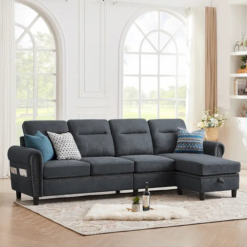 106.69 4 Seater L Shaped Reversible Sectional Sofa with Side Storage Bags