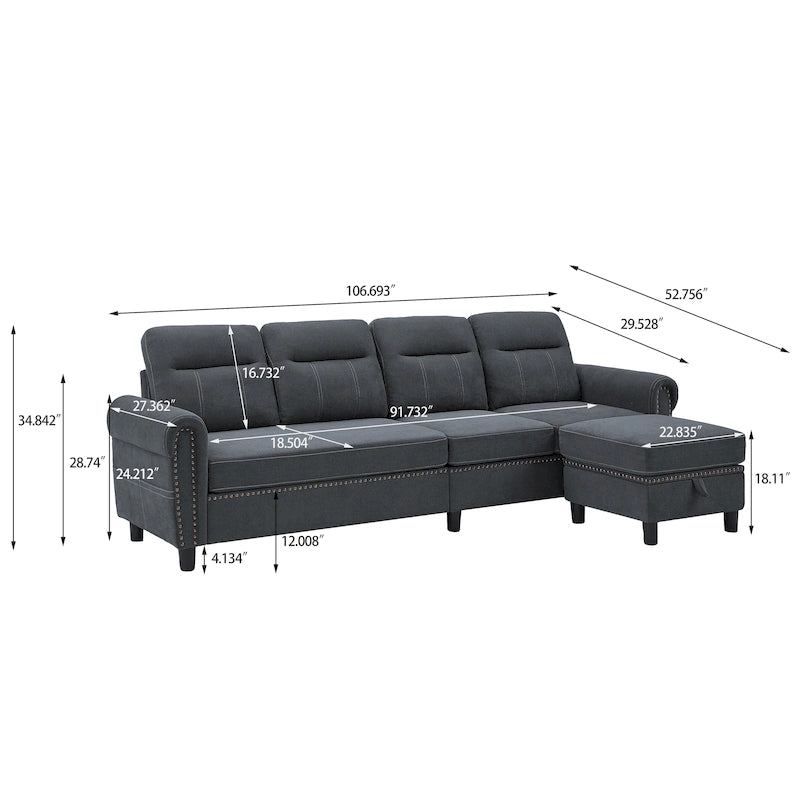 106.69 4-Sitzer Ecksofa mit umkehrbarer Recamiere und seitlichen Aufbewahrungstaschen