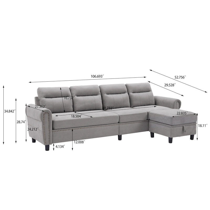106.69 4-Sitzer Ecksofa mit umkehrbarer Recamiere und seitlichen Aufbewahrungstaschen