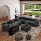 Chesterfield Ecksofa mit Ottoman und 6 Kissen U-förmiges Leinenstoffsofa mit Chaiselongue und Gummibaumholzbeinen für das Wohnzimmer