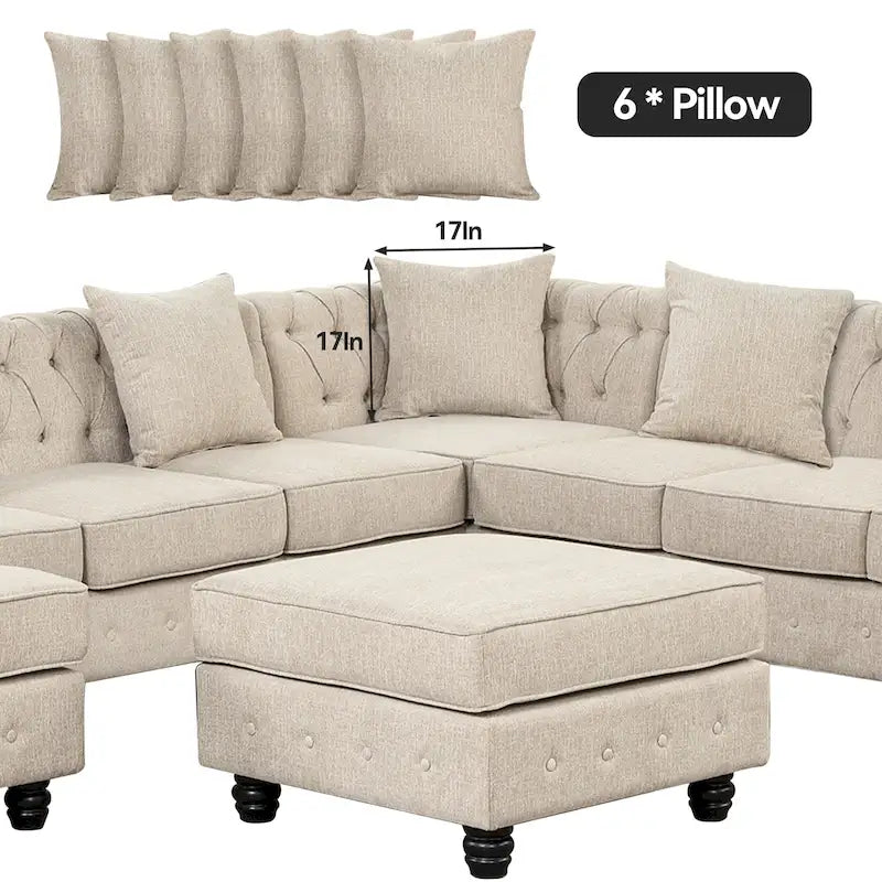 Chesterfield Ecksofa mit Ottoman und 6 Kissen U-förmiges Leinenstoffsofa mit Chaiselongue und Gummibaumholzbeinen für das Wohnzimmer