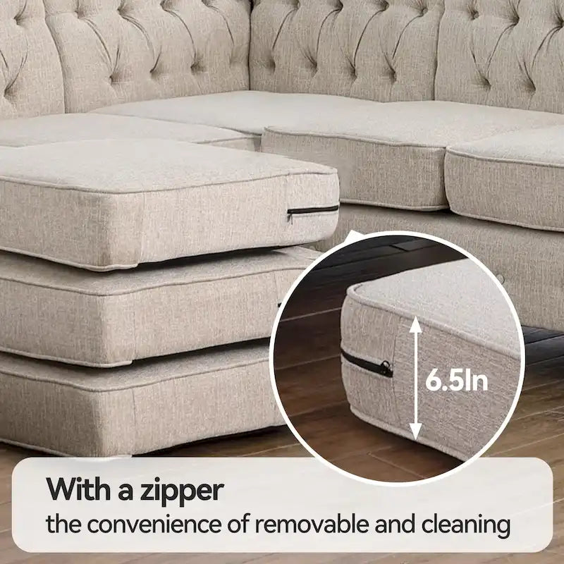 Chesterfield Ecksofa mit Ottoman und 6 Kissen U-förmiges Leinenstoffsofa mit Chaiselongue und Gummibaumholzbeinen für das Wohnzimmer