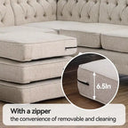 Chesterfield Ecksofa mit Ottoman und 6 Kissen U-förmiges Leinenstoffsofa mit Chaiselongue und Gummibaumholzbeinen für das Wohnzimmer