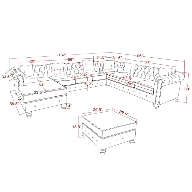Chesterfield Ecksofa mit Ottoman und 6 Kissen U-förmiges Leinenstoffsofa mit Chaiselongue und Gummibaumholzbeinen für das Wohnzimmer