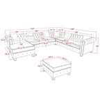 Chesterfield Ecksofa mit Ottoman und 6 Kissen U-förmiges Leinenstoffsofa mit Chaiselongue und Gummibaumholzbeinen für das Wohnzimmer
