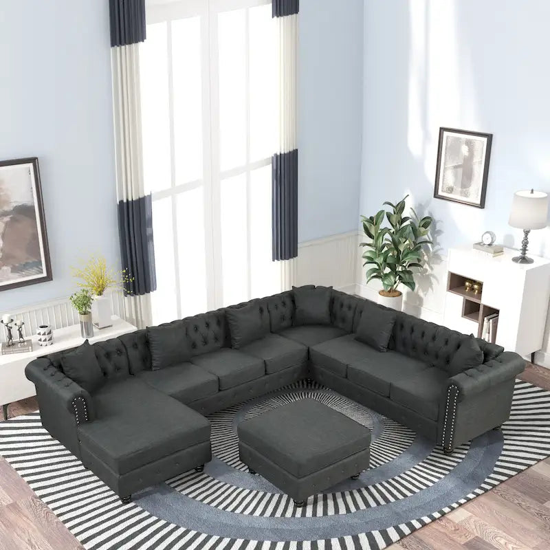 Chesterfield Ecksofa mit Ottoman und 6 Kissen U-förmiges Leinenstoffsofa mit Chaiselongue und Gummibaumholzbeinen für das Wohnzimmer