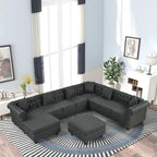 Chesterfield Ecksofa mit Ottoman und 6 Kissen U-förmiges Leinenstoffsofa mit Chaiselongue und Gummibaumholzbeinen für das Wohnzimmer