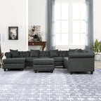 Chesterfield Ecksofa mit Ottoman und 6 Kissen U-förmiges Leinenstoffsofa mit Chaiselongue und Gummibaumholzbeinen für das Wohnzimmer