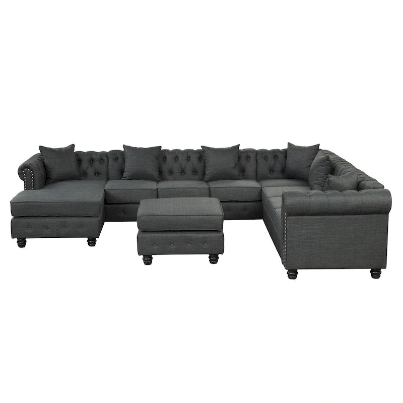Chesterfield Ecksofa mit Ottoman und 6 Kissen U-förmiges Leinenstoffsofa mit Chaiselongue und Gummibaumholzbeinen für das Wohnzimmer