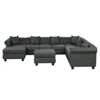 Chesterfield Ecksofa mit Ottoman und 6 Kissen U-förmiges Leinenstoffsofa mit Chaiselongue und Gummibaumholzbeinen für das Wohnzimmer