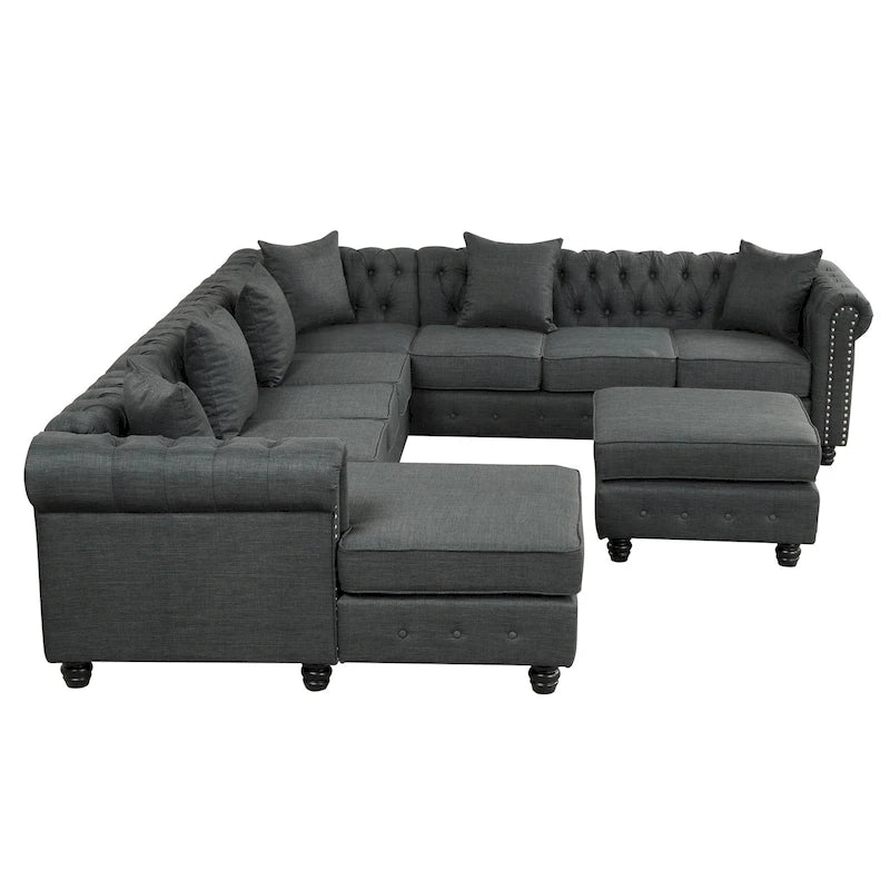 Chesterfield Ecksofa mit Ottoman und 6 Kissen U-förmiges Leinenstoffsofa mit Chaiselongue und Gummibaumholzbeinen für das Wohnzimmer