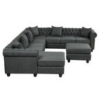 Chesterfield Ecksofa mit Ottoman und 6 Kissen U-förmiges Leinenstoffsofa mit Chaiselongue und Gummibaumholzbeinen für das Wohnzimmer