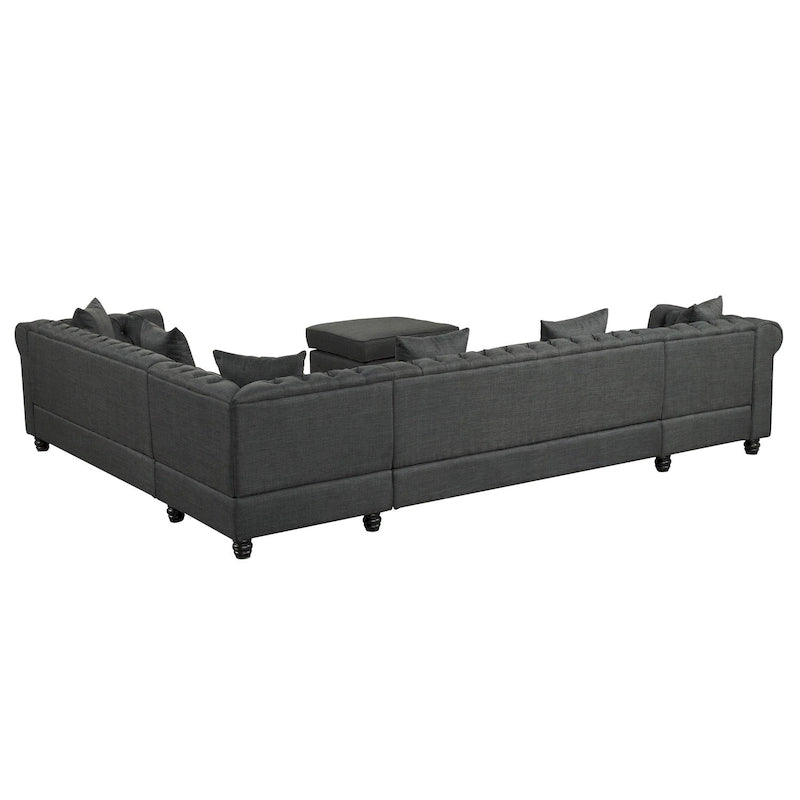 Chesterfield Ecksofa mit Ottoman und 6 Kissen U-förmiges Leinenstoffsofa mit Chaiselongue und Gummibaumholzbeinen für das Wohnzimmer