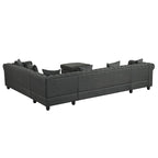 Chesterfield Ecksofa mit Ottoman und 6 Kissen U-förmiges Leinenstoffsofa mit Chaiselongue und Gummibaumholzbeinen für das Wohnzimmer