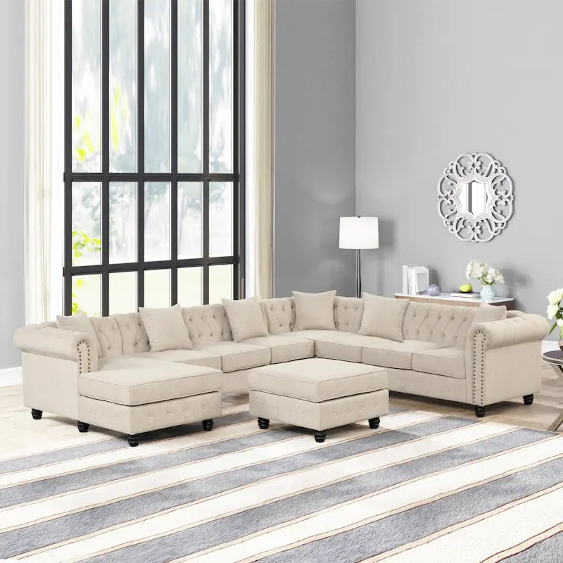 Chesterfield Ecksofa mit Ottoman und 6 Kissen U-förmiges Leinenstoffsofa mit Chaiselongue und Gummibaumholzbeinen für das Wohnzimmer