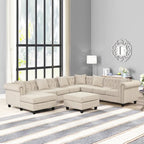 Chesterfield Ecksofa mit Ottoman und 6 Kissen U-förmiges Leinenstoffsofa mit Chaiselongue und Gummibaumholzbeinen für das Wohnzimmer