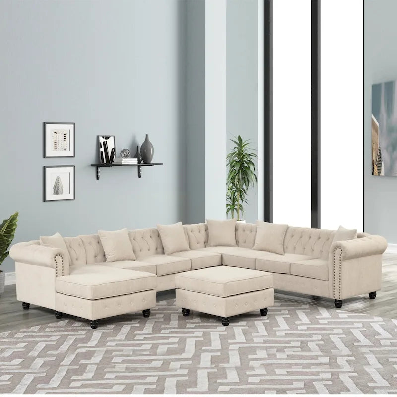Chesterfield Ecksofa mit Ottoman und 6 Kissen U-förmiges Leinenstoffsofa mit Chaiselongue und Gummibaumholzbeinen für das Wohnzimmer